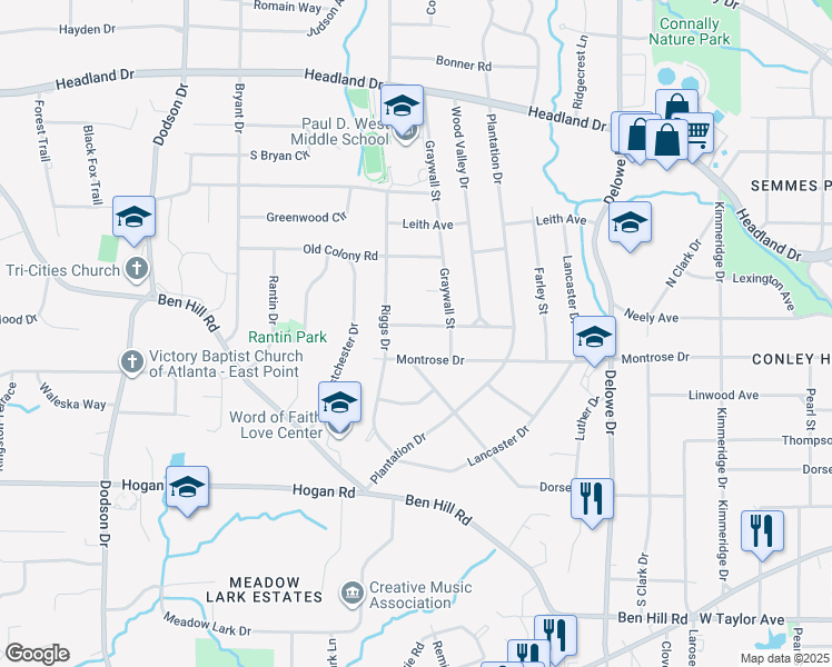 map of restaurants, bars, coffee shops, grocery stores, and more near 2344 Englewood Drive in East Point