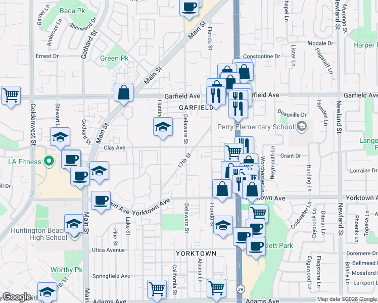 map of restaurants, bars, coffee shops, grocery stores, and more near 504 Clay Avenue in Huntington Beach
