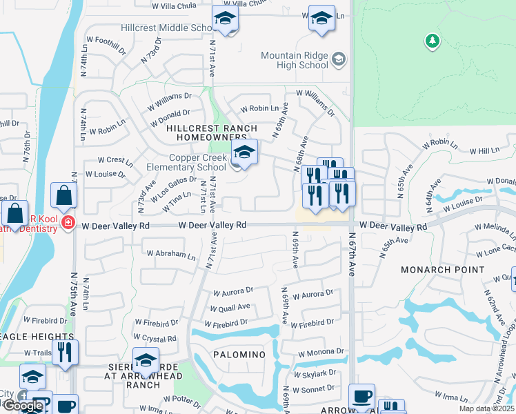 map of restaurants, bars, coffee shops, grocery stores, and more near 6930 West Via Del Sol Drive in Glendale
