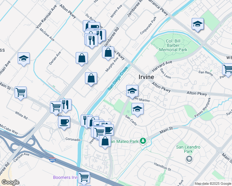 map of restaurants, bars, coffee shops, grocery stores, and more near in Irvine