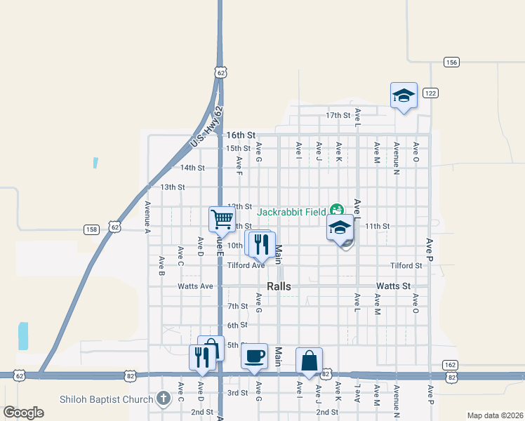 map of restaurants, bars, coffee shops, grocery stores, and more near 1100-1198 Avenue G in Ralls