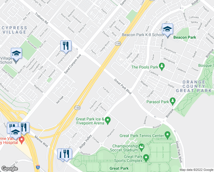 map of restaurants, bars, coffee shops, grocery stores, and more near 114 Full Sun in Irvine