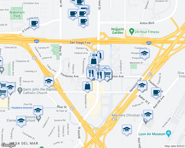 map of restaurants, bars, coffee shops, grocery stores, and more near 720 Paularino Avenue in Costa Mesa
