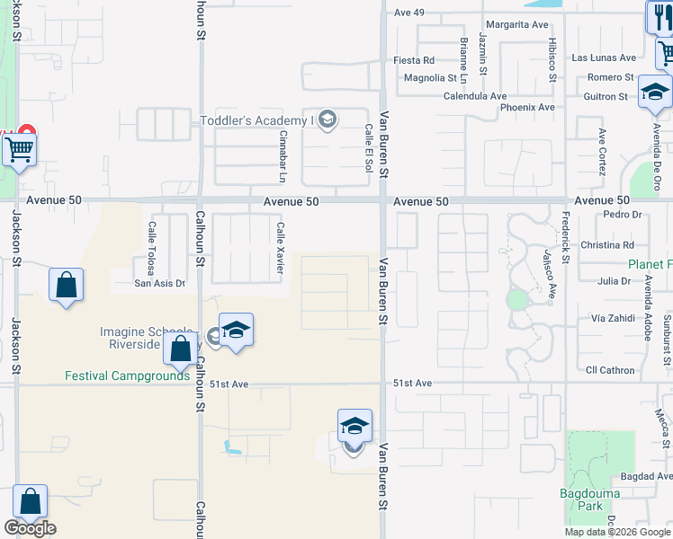 map of restaurants, bars, coffee shops, grocery stores, and more near 50503 Van Buren Street in Coachella