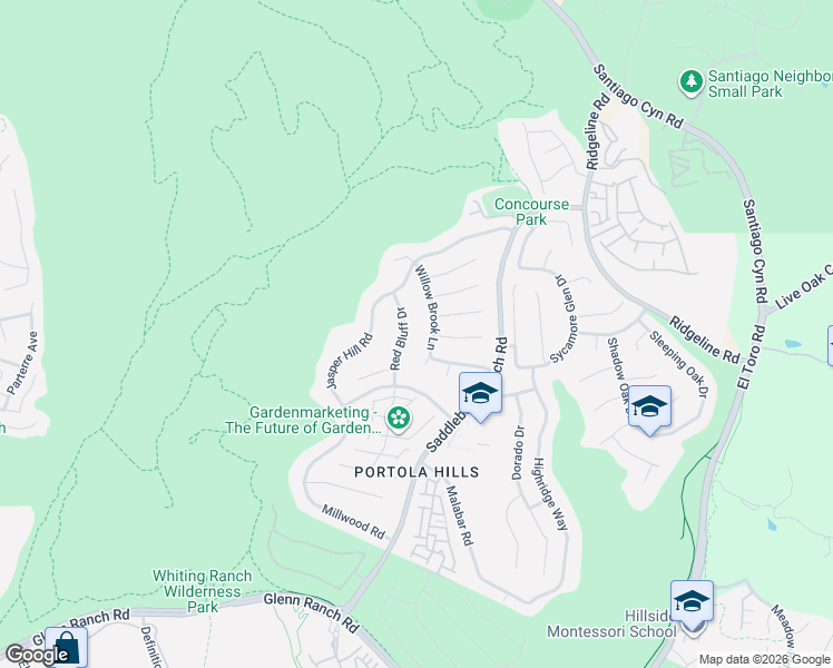 map of restaurants, bars, coffee shops, grocery stores, and more near 19222 Red Bluff Drive in Trabuco Canyon