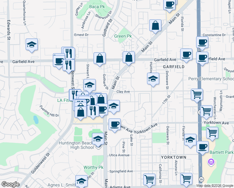 map of restaurants, bars, coffee shops, grocery stores, and more near 7282 Yellowtail Drive in Huntington Beach
