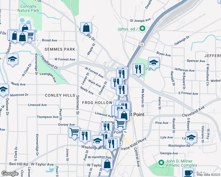 map of restaurants, bars, coffee shops, grocery stores, and more near 1655 Ware Avenue in East Point