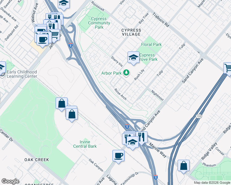 map of restaurants, bars, coffee shops, grocery stores, and more near 191 Rose Arch in Irvine
