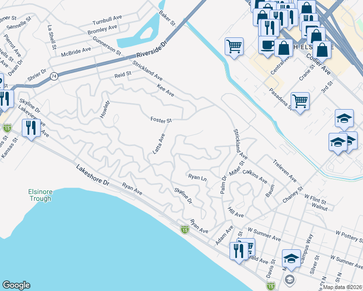 map of restaurants, bars, coffee shops, grocery stores, and more near in Lake Elsinore