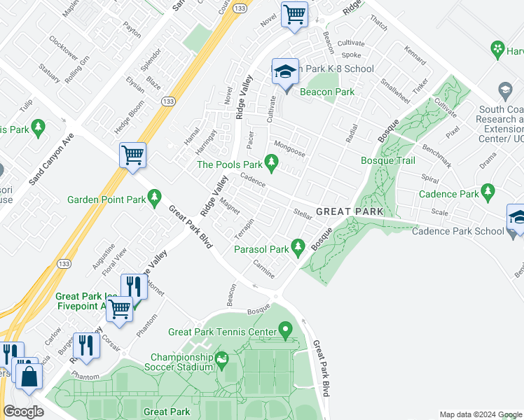 map of restaurants, bars, coffee shops, grocery stores, and more near 132 Terrapin in Irvine