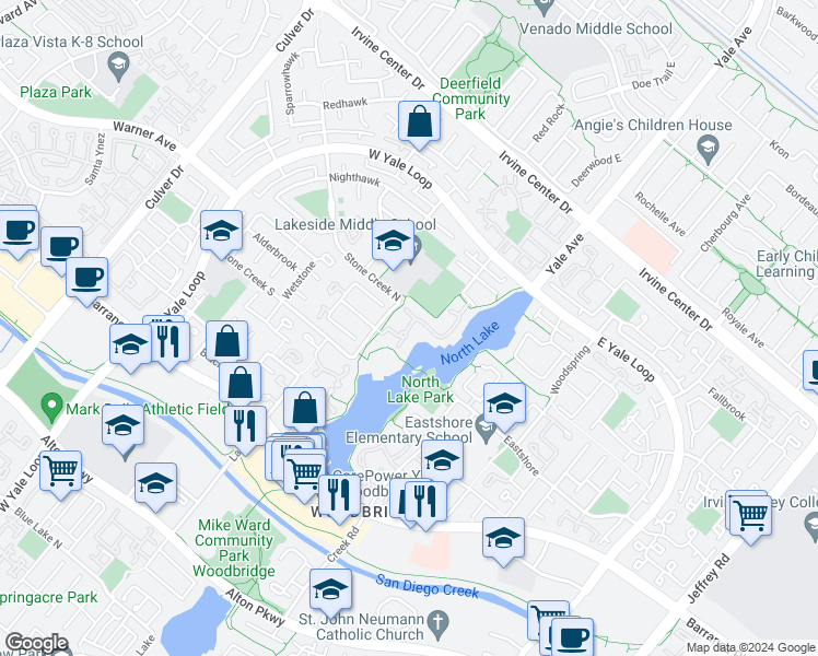 map of restaurants, bars, coffee shops, grocery stores, and more near 57 Lakeview in Irvine