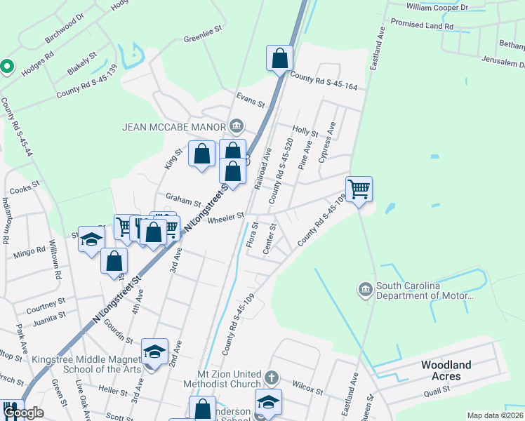 map of restaurants, bars, coffee shops, grocery stores, and more near 417 Wheeler Street in Kingstree