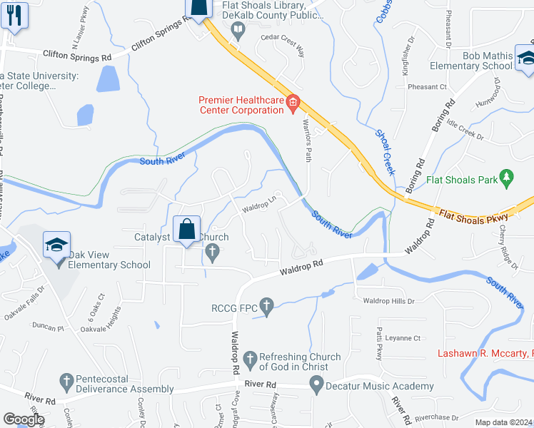 map of restaurants, bars, coffee shops, grocery stores, and more near 3814 Waldrop Lane in Decatur