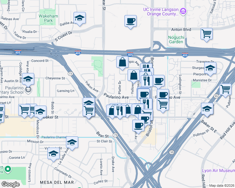 map of restaurants, bars, coffee shops, grocery stores, and more near 3071 Platte Drive in Costa Mesa