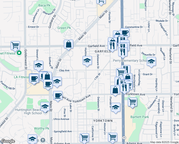 map of restaurants, bars, coffee shops, grocery stores, and more near 312 Clay Avenue in Huntington Beach