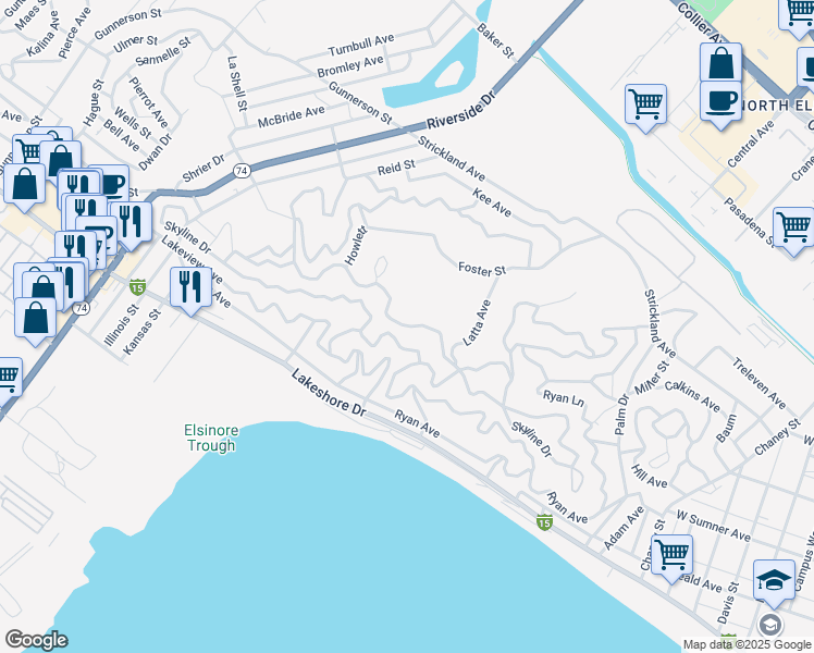 map of restaurants, bars, coffee shops, grocery stores, and more near Sunnyslope Avenue in Lake Elsinore