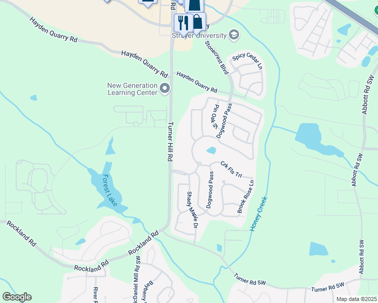 map of restaurants, bars, coffee shops, grocery stores, and more near 3447 Dogwood Pass in Stonecrest