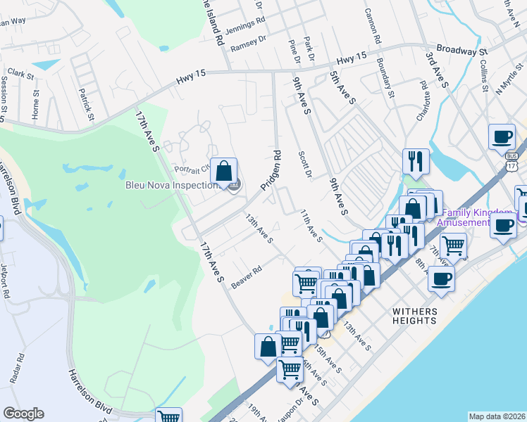map of restaurants, bars, coffee shops, grocery stores, and more near 1203 Erin Way in Myrtle Beach