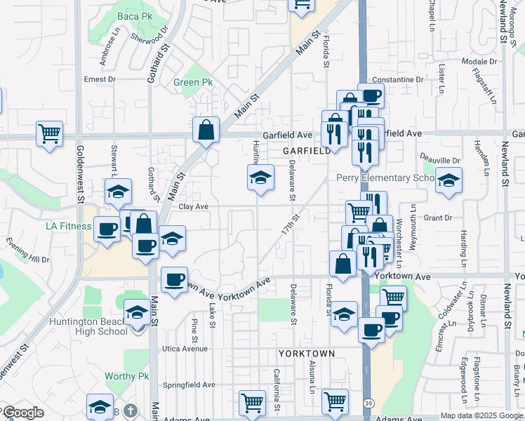 map of restaurants, bars, coffee shops, grocery stores, and more near 312 Clay Avenue in Huntington Beach