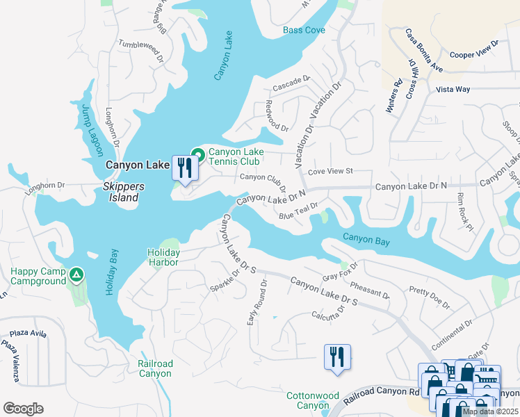 map of restaurants, bars, coffee shops, grocery stores, and more near 22561 Canyon Lake Drive North in Canyon Lake