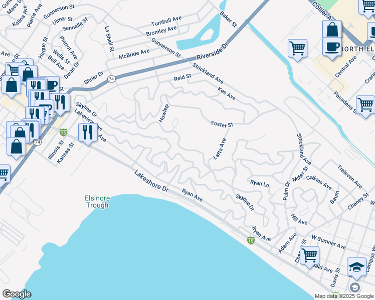 map of restaurants, bars, coffee shops, grocery stores, and more near Sunnyslope Avenue in Lake Elsinore