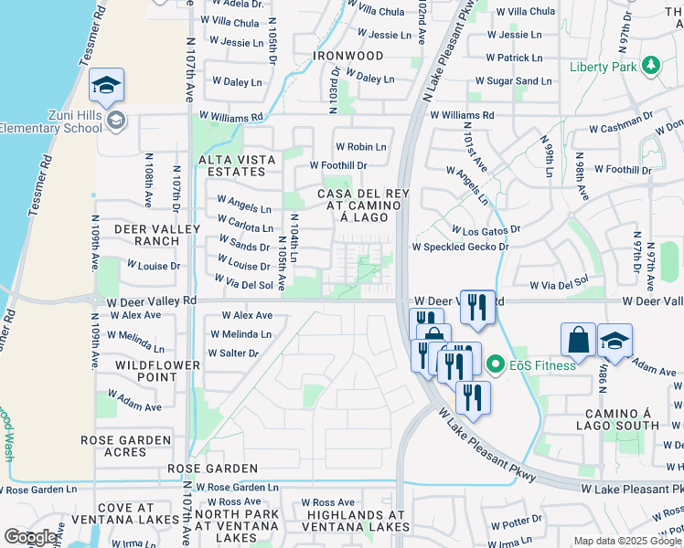 map of restaurants, bars, coffee shops, grocery stores, and more near 21900-21924 North 103rd Lane in Peoria