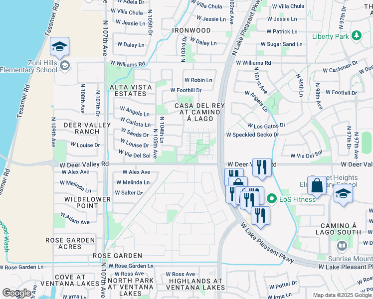 map of restaurants, bars, coffee shops, grocery stores, and more near 21926 North 103rd Lane in Peoria