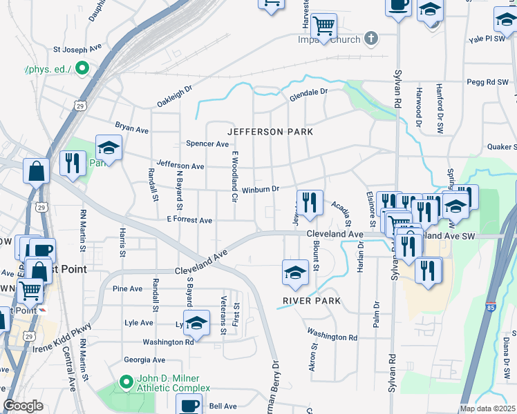 map of restaurants, bars, coffee shops, grocery stores, and more near 2654 Jefferson Terrace in East Point