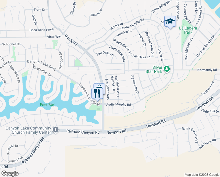 map of restaurants, bars, coffee shops, grocery stores, and more near 30106 Stargazer Way in Menifee