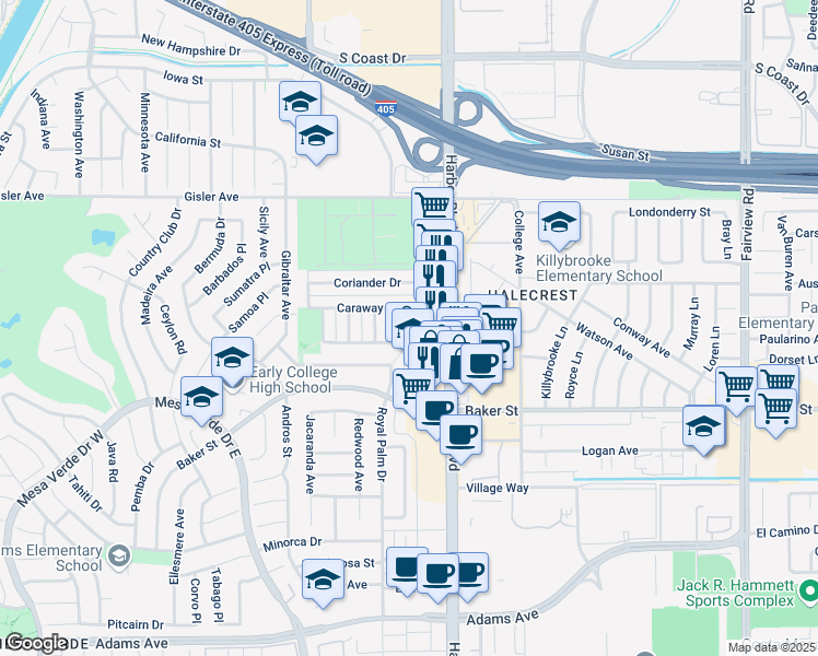 map of restaurants, bars, coffee shops, grocery stores, and more near 3102 Mace Avenue in Costa Mesa