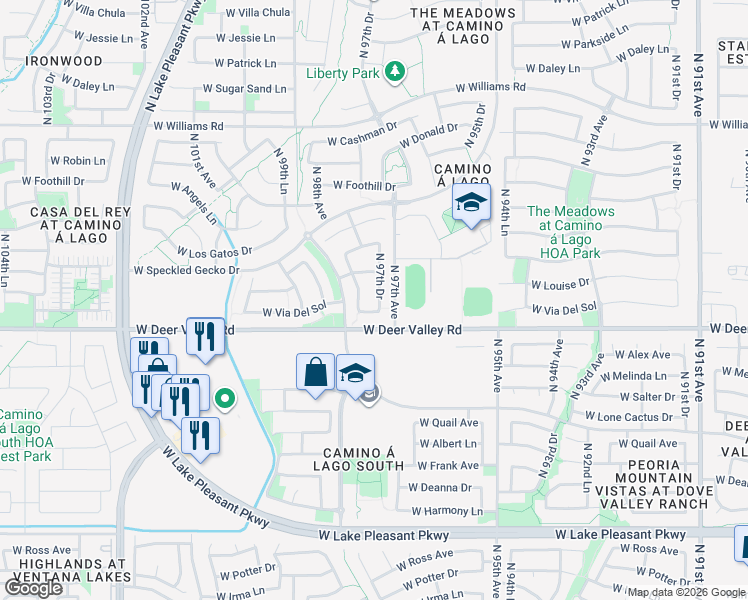 map of restaurants, bars, coffee shops, grocery stores, and more near 21930 North 97th Drive in Peoria