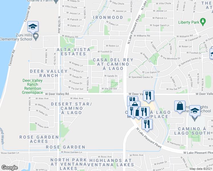 map of restaurants, bars, coffee shops, grocery stores, and more near 21926 North 103rd Lane in Peoria