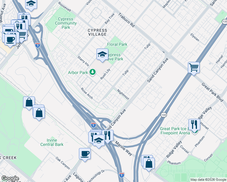map of restaurants, bars, coffee shops, grocery stores, and more near 121 Tallowood in Irvine