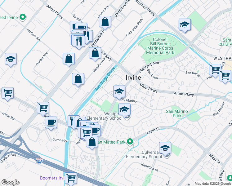 map of restaurants, bars, coffee shops, grocery stores, and more near 81 Costero Aisle in Irvine