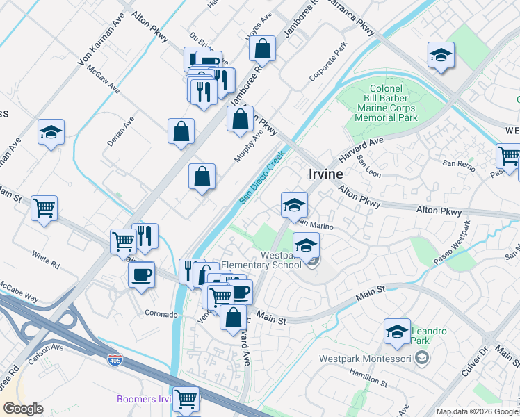 map of restaurants, bars, coffee shops, grocery stores, and more near 65 Costero Aisle in Irvine
