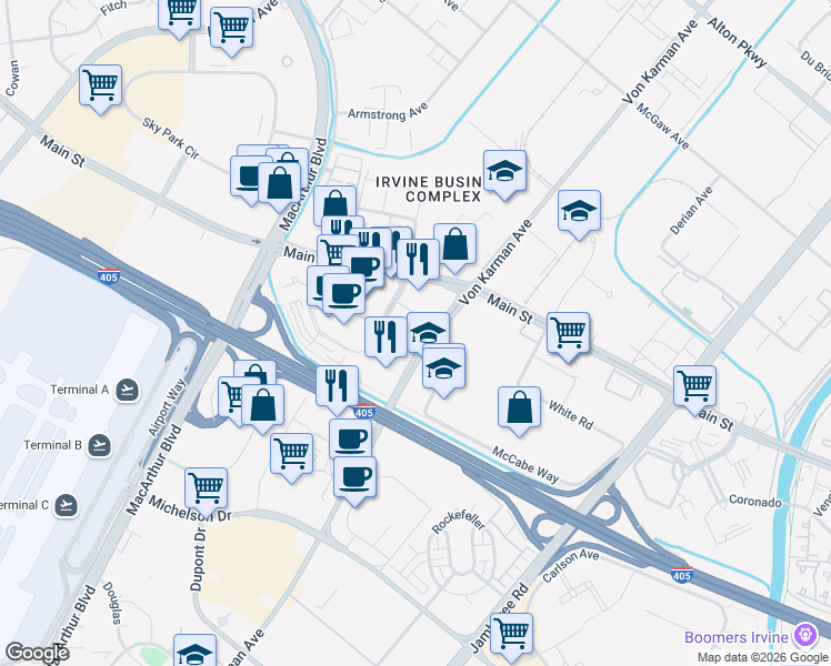 map of restaurants, bars, coffee shops, grocery stores, and more near 17911 Von Karman Avenue in Irvine