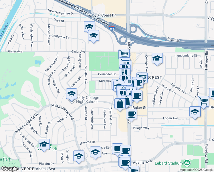 map of restaurants, bars, coffee shops, grocery stores, and more near 3095 Ginger Avenue in Costa Mesa