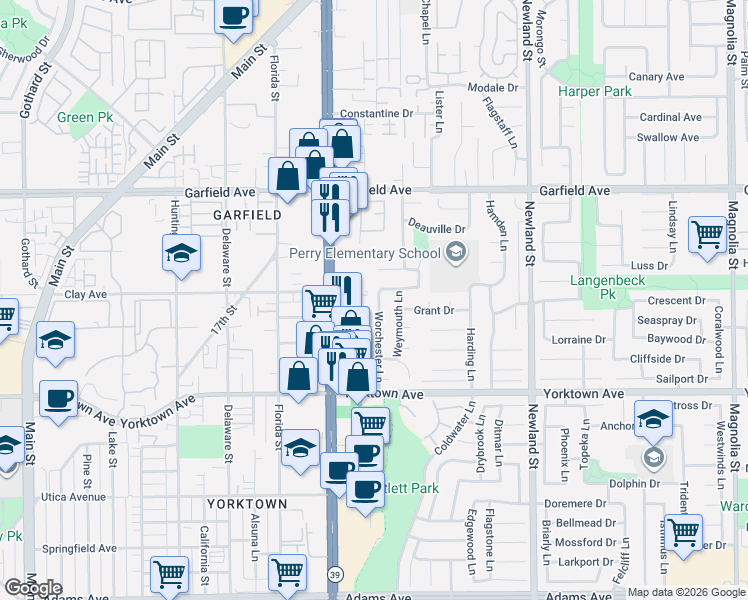 map of restaurants, bars, coffee shops, grocery stores, and more near 19271 Worchester Lane in Huntington Beach