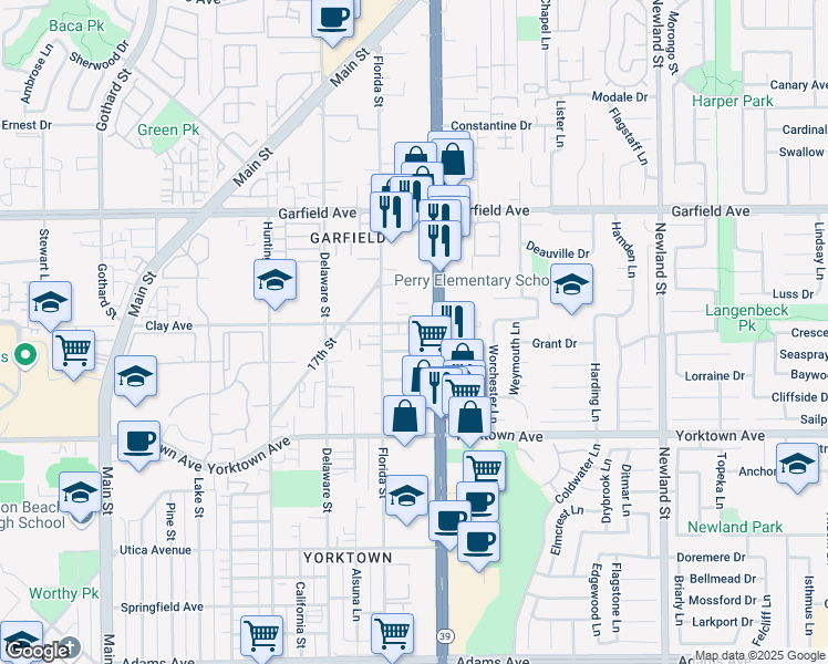 map of restaurants, bars, coffee shops, grocery stores, and more near 719 Owen Drive in Huntington Beach