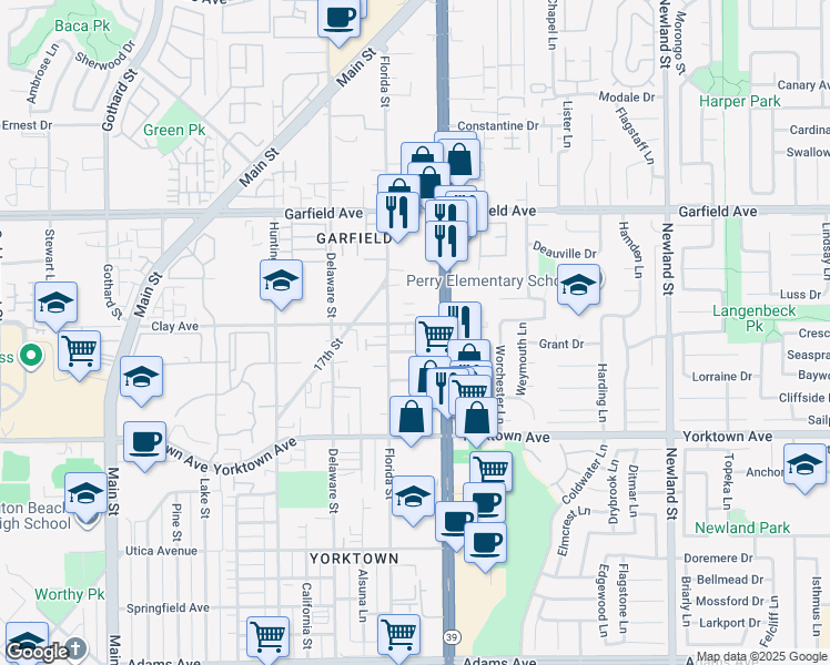 map of restaurants, bars, coffee shops, grocery stores, and more near 719 Owen Drive in Huntington Beach