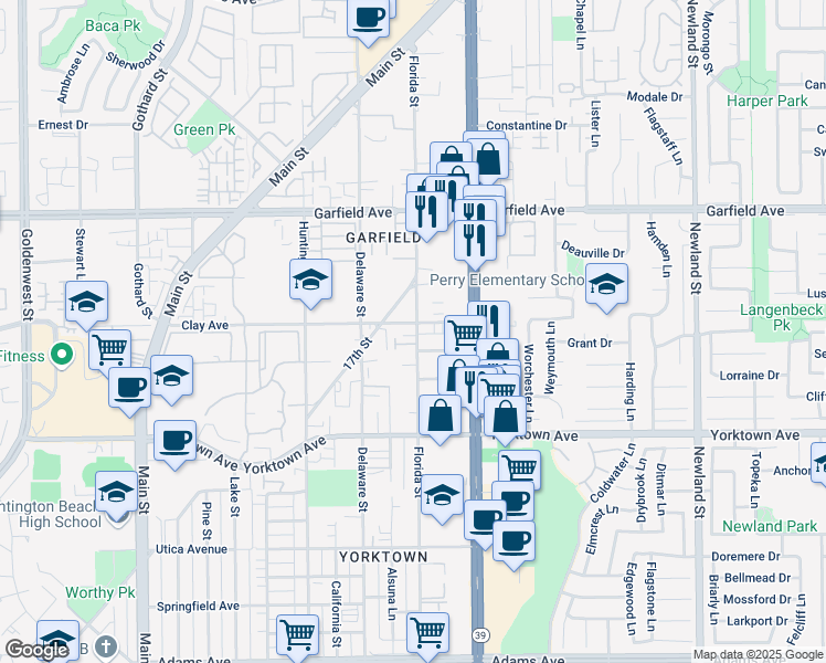 map of restaurants, bars, coffee shops, grocery stores, and more near 615 Terrace Circle in Huntington Beach