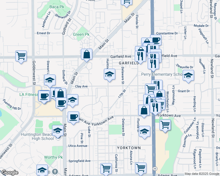 map of restaurants, bars, coffee shops, grocery stores, and more near 312 Clay Avenue in Huntington Beach