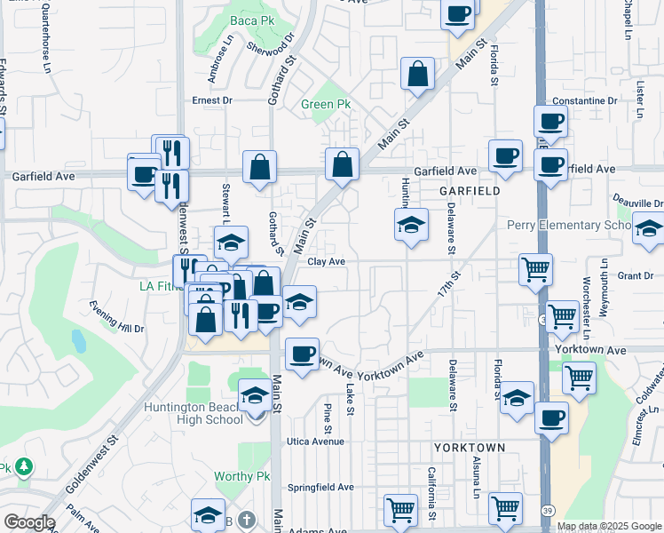 map of restaurants, bars, coffee shops, grocery stores, and more near 7362 Yellowtail Drive in Huntington Beach