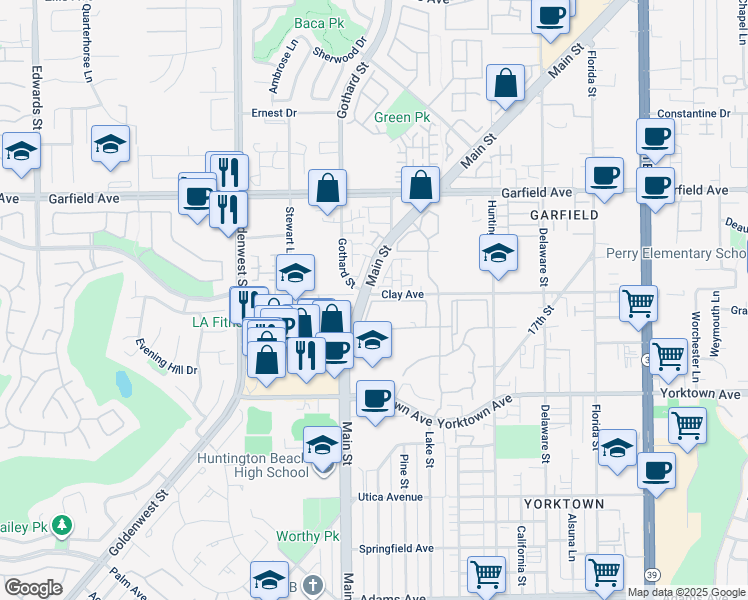 map of restaurants, bars, coffee shops, grocery stores, and more near 7282 Yellowtail Drive in Huntington Beach