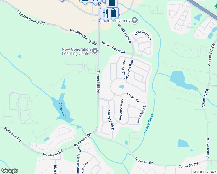map of restaurants, bars, coffee shops, grocery stores, and more near 3447 Dogwood Pass in Stonecrest