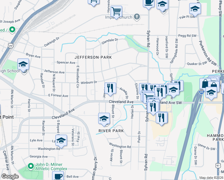 map of restaurants, bars, coffee shops, grocery stores, and more near 2652 Blount Street in East Point