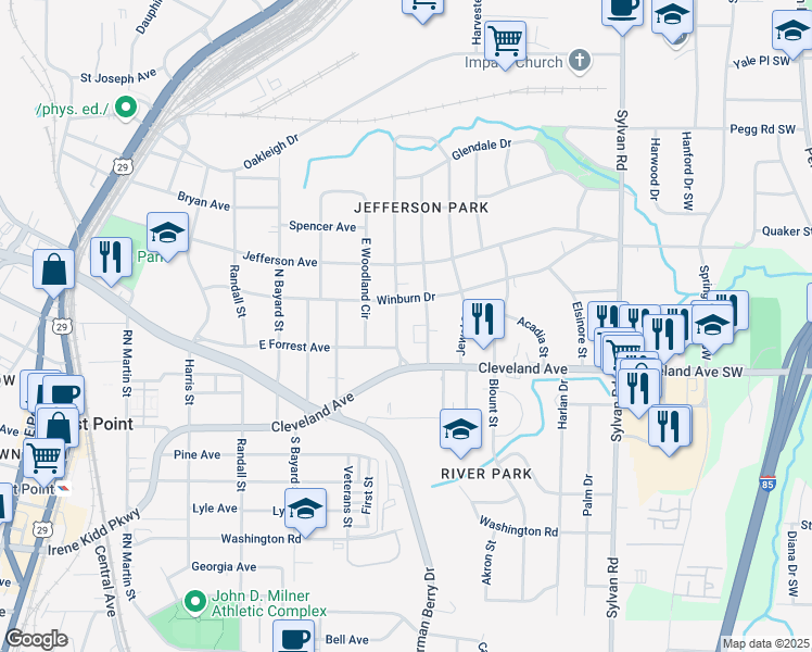 map of restaurants, bars, coffee shops, grocery stores, and more near 2654 Jefferson Terrace in East Point