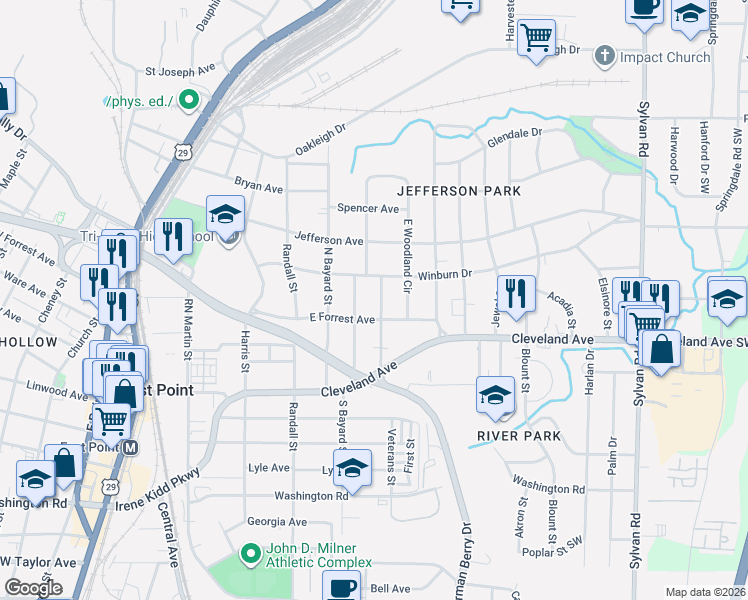 map of restaurants, bars, coffee shops, grocery stores, and more near 2656 Humphries Street in East Point