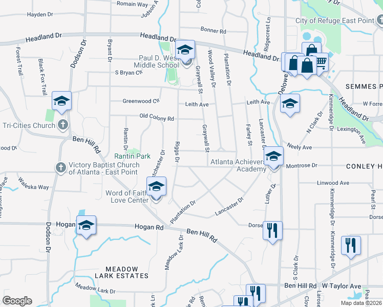 map of restaurants, bars, coffee shops, grocery stores, and more near 2344 Englewood Drive in East Point