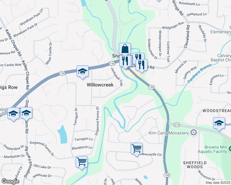 map of restaurants, bars, coffee shops, grocery stores, and more near 4551 Jackybell Trail in Decatur